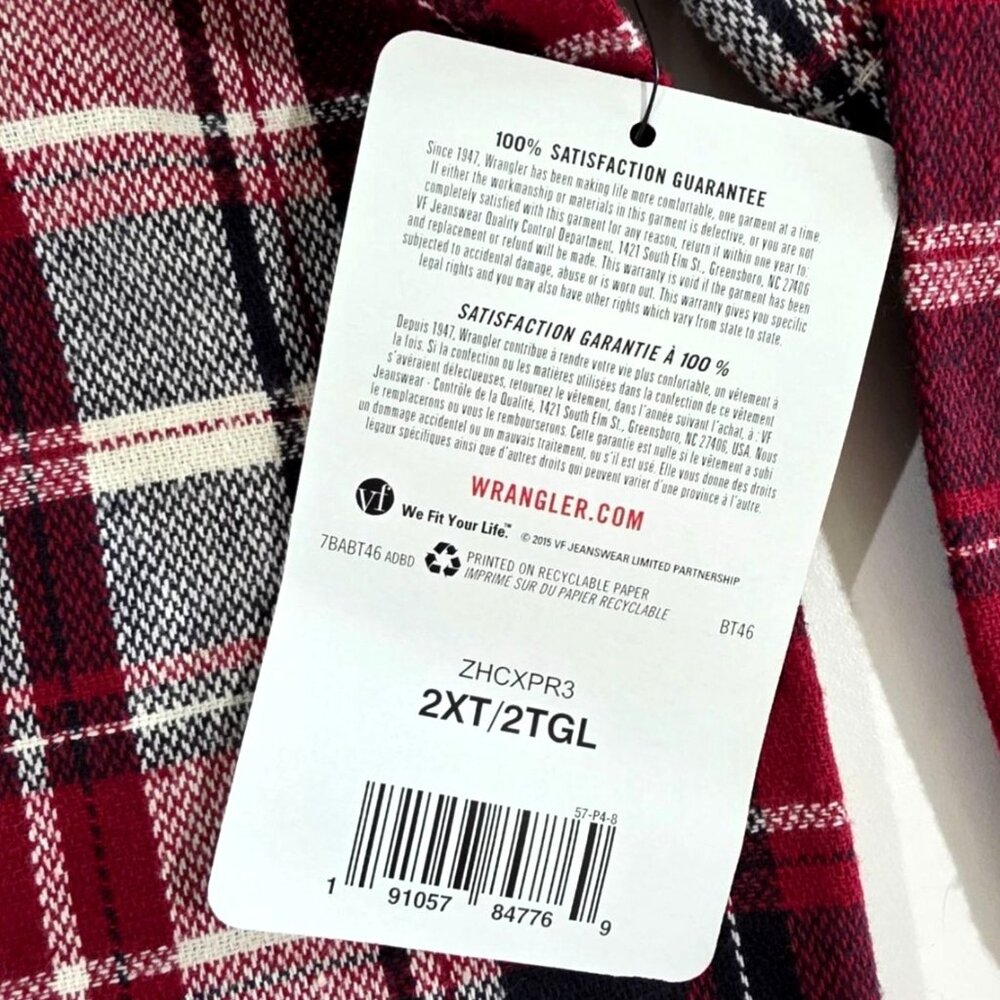 Wrangler Red Black Plaid Flannel Cotton Long Sleeve Button Up Shirt Mens 2XT NWT - Picture 8 of 10